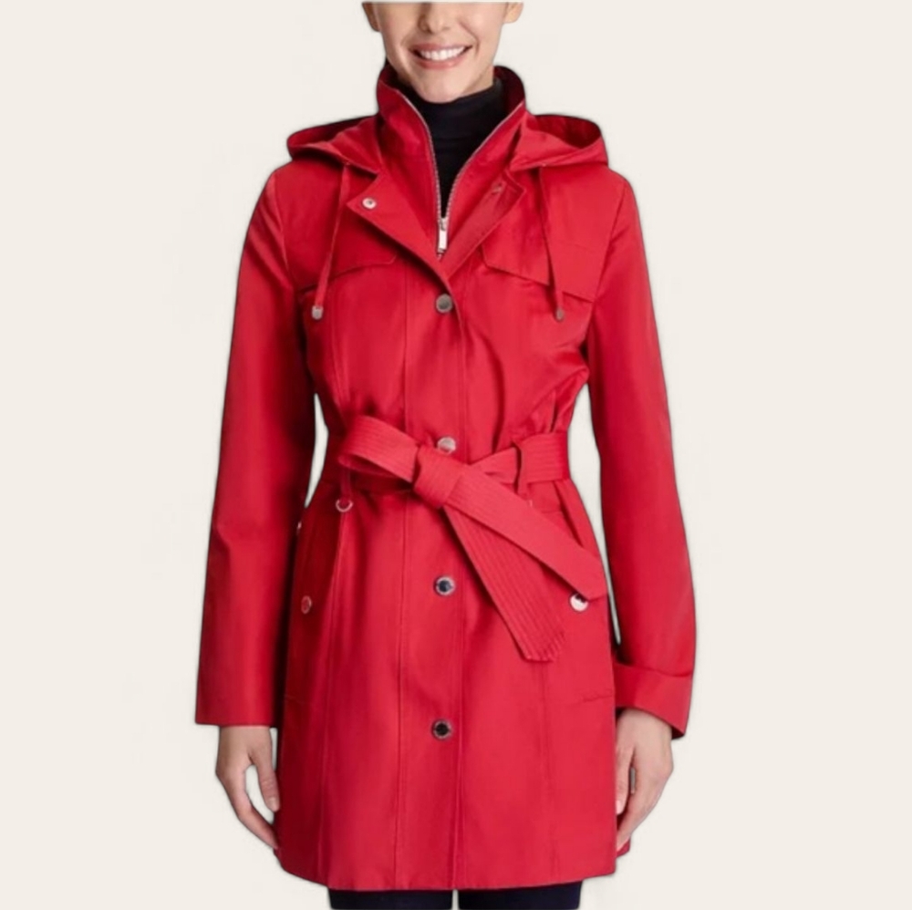 NEW London Fog Single Breasted Belted Raincoat with Hood in Crimson Red Size S